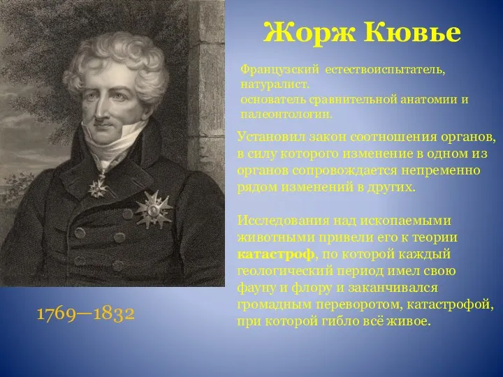 Жорж Кювье Французский естествоиспытатель, натуралист. основатель сравнительной анатомии и палеонтологии.