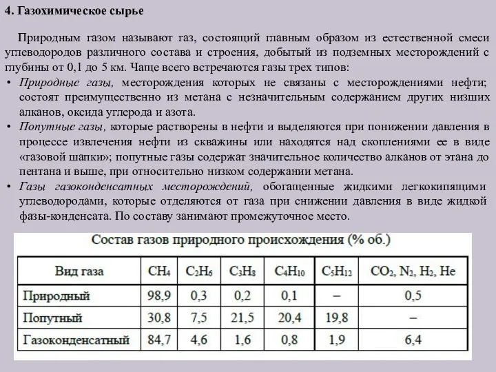 4. Газохимическое сырье Природным газом называют газ, состоящий главным образом