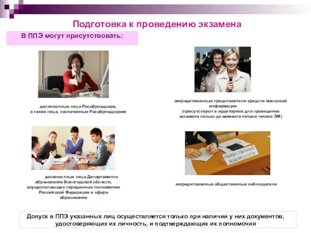 Подготовка к проведению экзамена В ППЭ могут присутствовать: должностные лица Рособрнадзора, а также