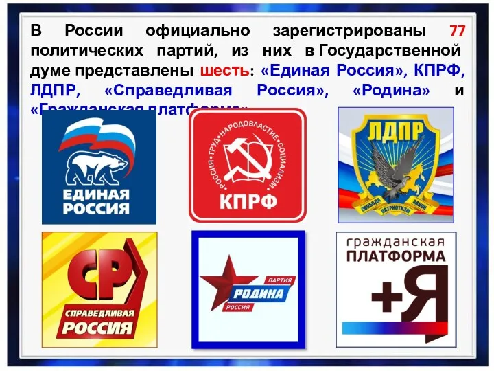 В России официально зарегистрированы 77 политических партий, из них в Государственной думе представлены