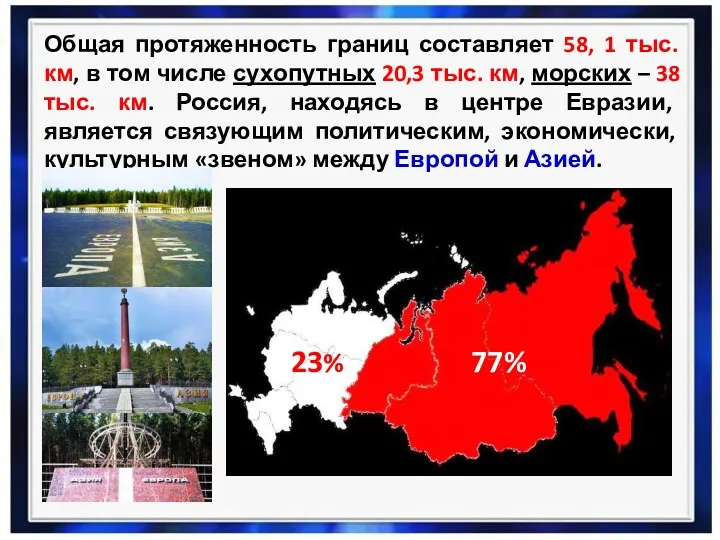 Общая протяженность границ составляет 58, 1 тыс. км, в том