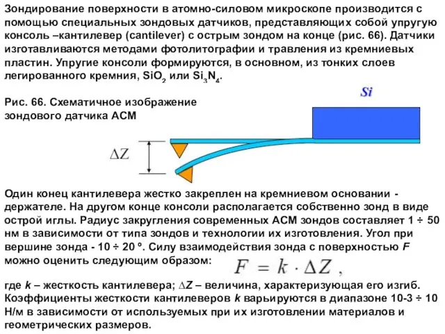 Один конец кантилевера жестко закреплен на кремниевом основании - держателе. На другом конце