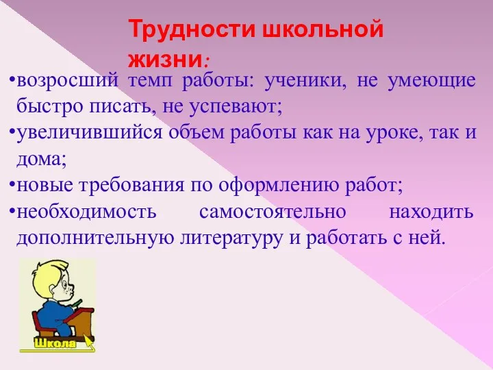 Трудности школьной жизни: возросший темп работы: ученики, не умеющие быстро