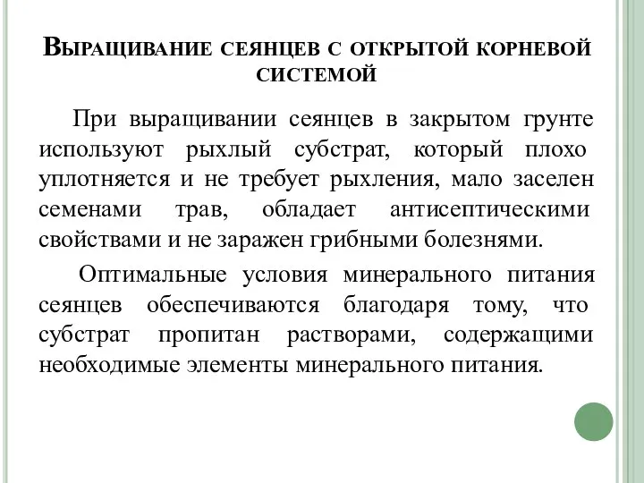 Выращивание сеянцев с открытой корневой системой При выращивании сеянцев в