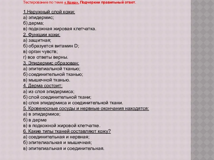 Тестирование по теме « Кожа». Подчеркни правильный ответ. 1.Наружный слой