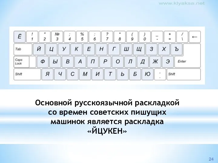 Основной русскоязычной раскладкой со времен советских пишущих машинок является раскладка «ЙЦУКЕН»