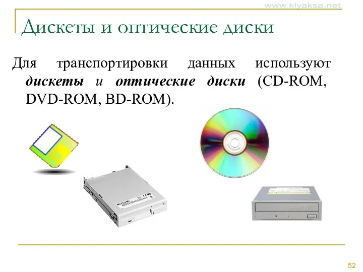 Дискеты и оптические диски Для транспортировки данных используют дискеты и оптические диски (CD-ROM, DVD-ROM, BD-ROM).