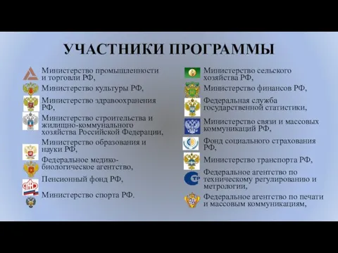 УЧАСТНИКИ ПРОГРАММЫ Министерство промышленности и торговли РФ, Министерство культуры РФ,