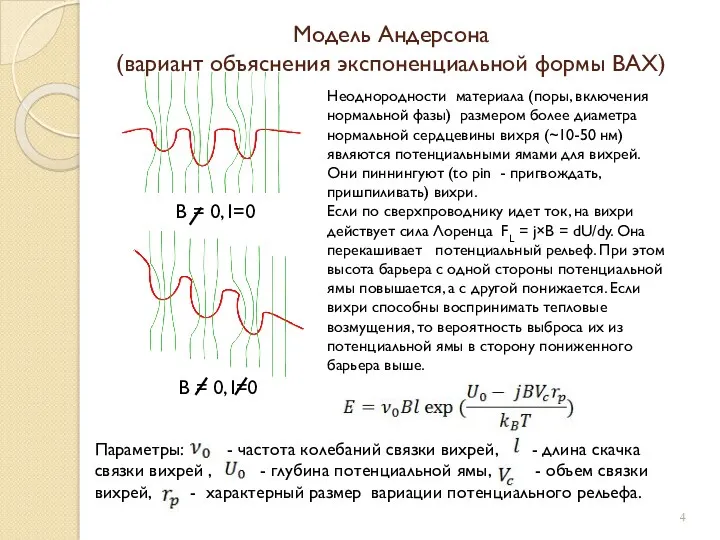 Модель Андерсона (вариант объяснения экспоненциальной формы ВАХ) Неоднородности материала (поры,