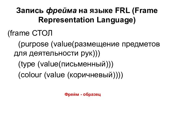 Запись фрейма на языке FRL (Frame Representation Language) (frame СТОЛ