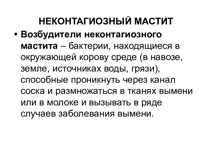 НЕКОНТАГИОЗНЫЙ МАСТИТ Возбудители неконтагиозного мастита – бактерии, находящиеся в окружающей корову среде (в