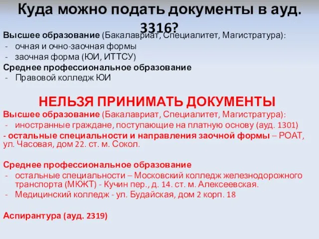 Куда можно подать документы в ауд. 3316? Высшее образование (Бакалавриат,