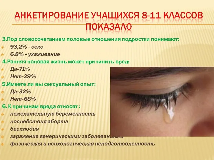 3.Под словосочетанием половые отношения подростки понимают: 93,2% - секс 6,8%