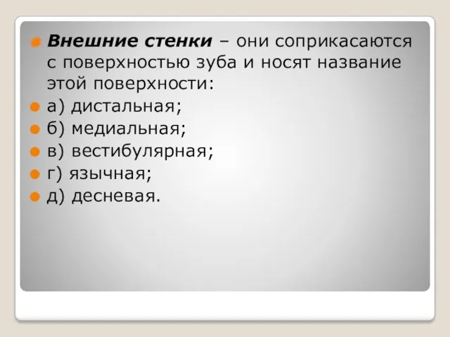 Внешние стенки – они соприкасаются с поверхностью зуба и носят