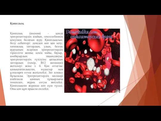 Қаназдық Қаназдық (анемия) - қанда эритроциттердің азайып, гемоглобиннің кемуінен болатын ауру. Қаназдықтың болу