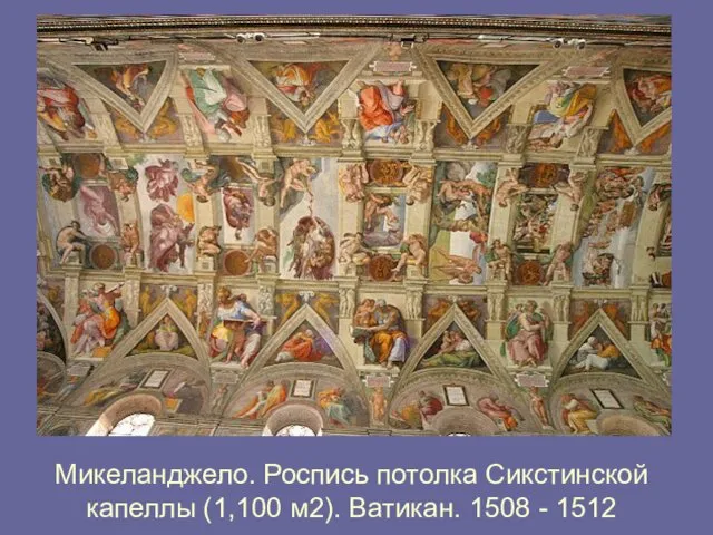 Микеланджело. Роспись потолка Сикстинской капеллы (1,100 м2). Ватикан. 1508 - 1512