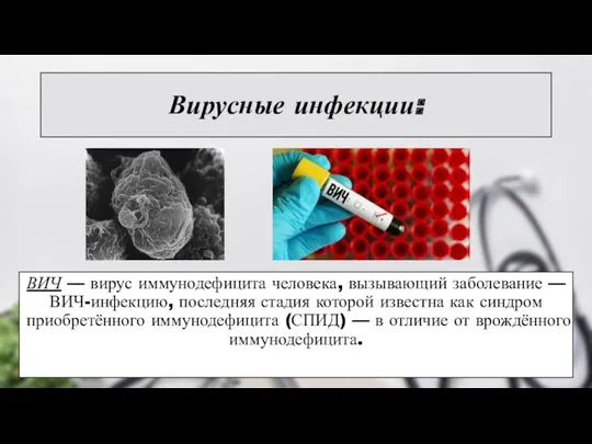 Вирусные инфекции: ВИЧ — вирус иммунодефицита человека, вызывающий заболевание —