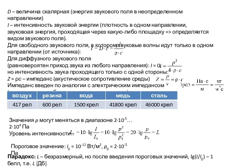 D – величина скалярная (энергия звукового поля в неопределенном направлении)