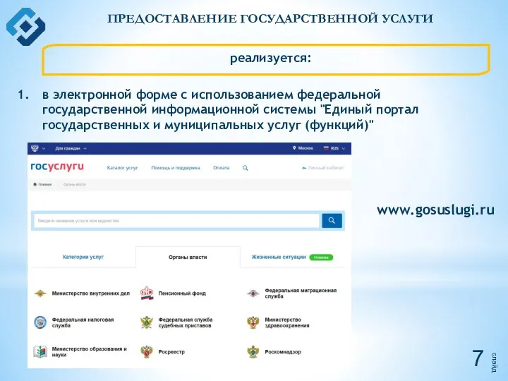 слайд ПРЕДОСТАВЛЕНИЕ ГОСУДАРСТВЕННОЙ УСЛУГИ реализуется: в электронной форме с использованием