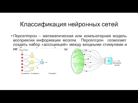 Классификация нейронных сетей Персептрон – математическая или компьютерная модель восприятия