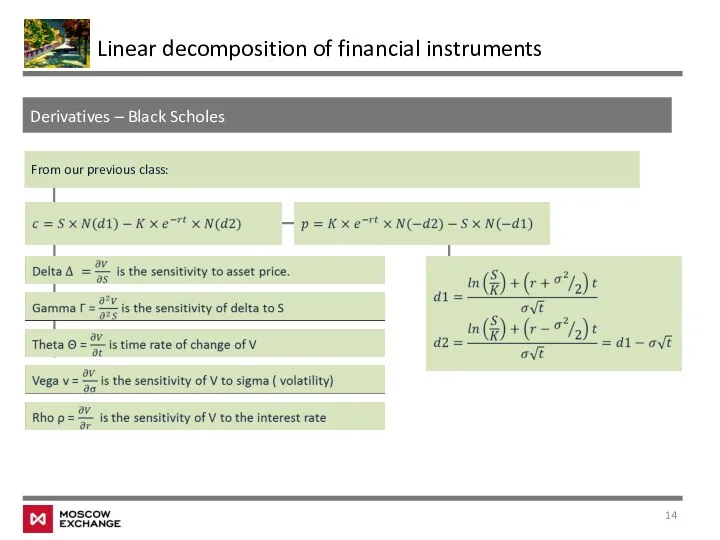 Derivatives – Black Scholes Linear decomposition of financial instruments From our previous class: