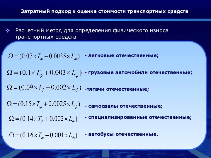 Затратный подход к оценке стоимости транспортных средств Расчетный метод для