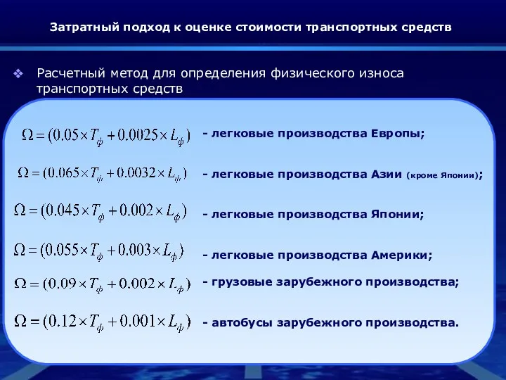 Затратный подход к оценке стоимости транспортных средств Расчетный метод для