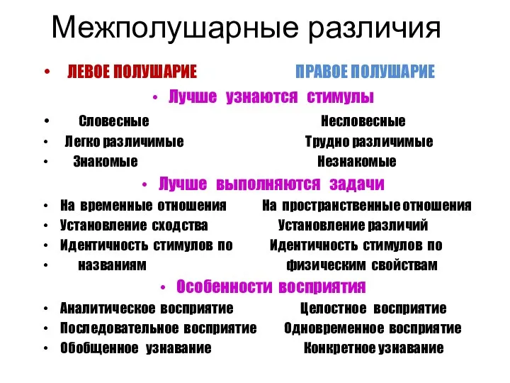 Межполушарные различия ЛЕВОЕ ПОЛУШАРИЕ ПРАВОЕ ПОЛУШАРИЕ Лучше узнаются стимулы Словесные