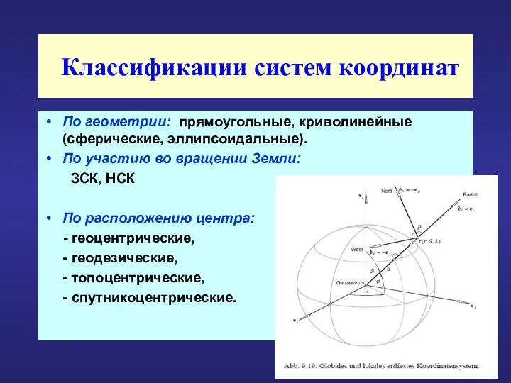 Классификации систем координат По геометрии: прямоугольные, криволинейные (сферические, эллипсоидальные). По