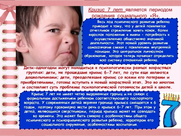 Кризис 7 лет является периодом рождения социального «Я». Весь ход