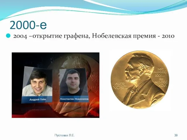 2000-е 2004 –открытие графена, Нобелевская премия - 2010 Пустовая Л.Е.