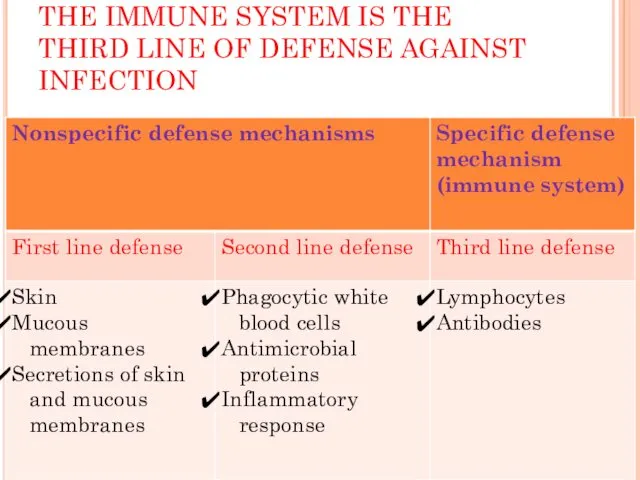 THE IMMUNE SYSTEM IS THE THIRD LINE OF DEFENSE AGAINST INFECTION