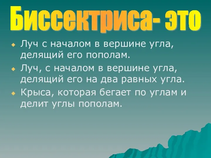 Луч с началом в вершине угла, делящий его пополам. Луч,