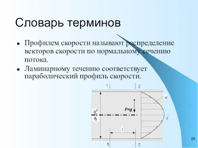 Словарь терминов Профилем скорости называют распределение векторов скорости по нормальному