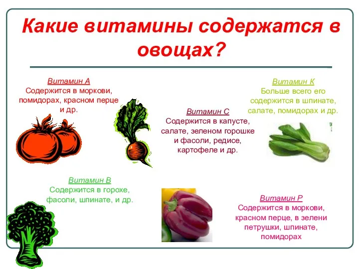 Какие витамины содержатся в овощах? Витамин А Содержится в моркови,