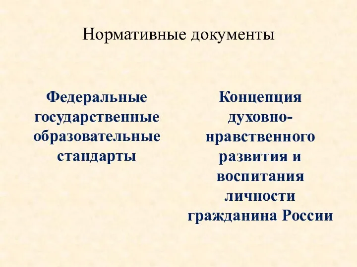 Нормативные документы Федеральные государственные образовательные стандарты Концепция духовно-нравственного развития и воспитания личности гражданина России