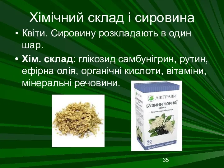 Хімічний склад і сировина Квіти. Сировину розкладають в один шар.