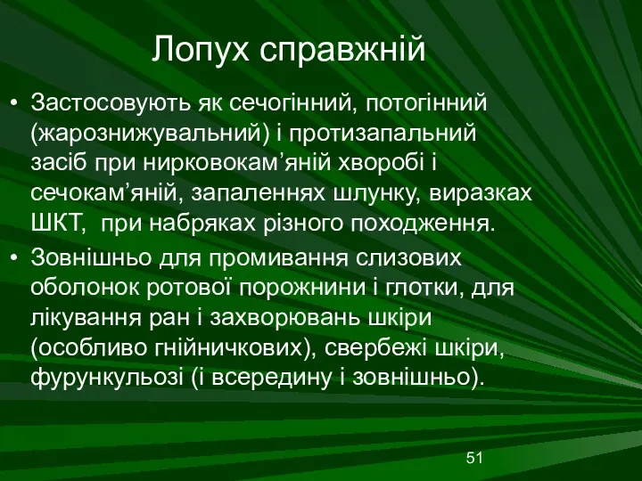 Лопух справжній Застосовують як сечогінний, потогінний (жарознижувальний) і протизапальний засіб