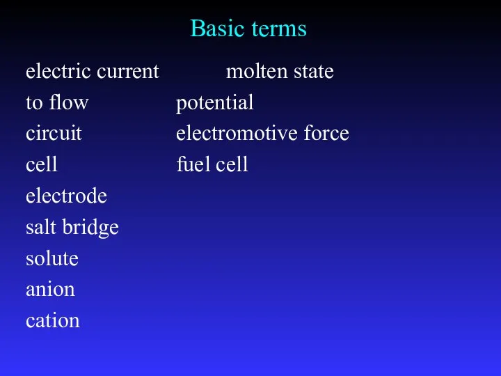 Basic terms electric current molten state to flow potential circuit
