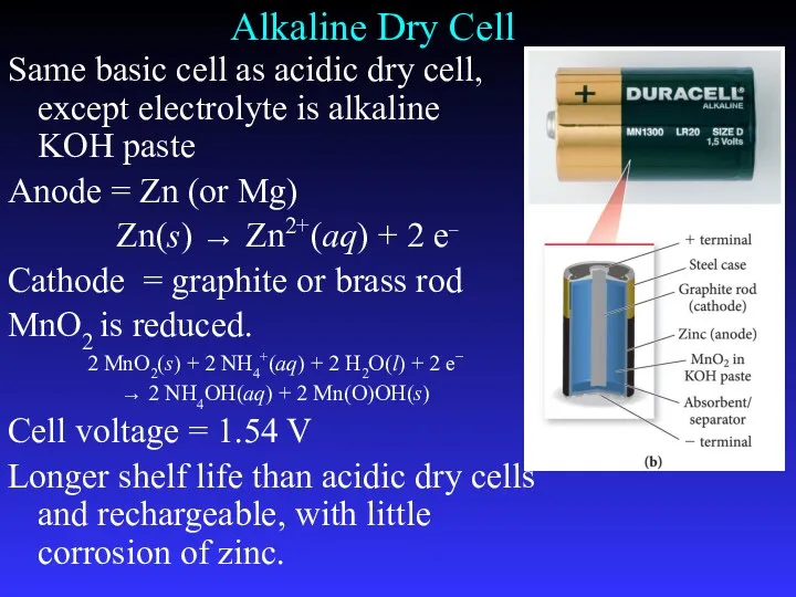 Alkaline Dry Cell Same basic cell as acidic dry cell,