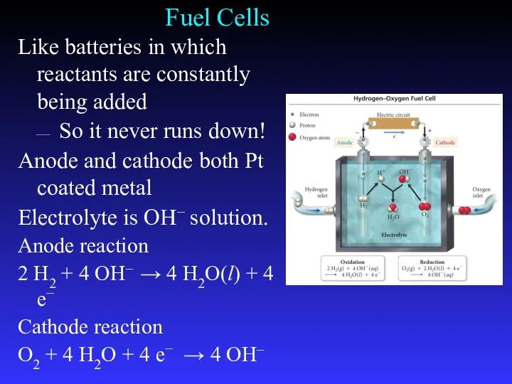 Fuel Cells Like batteries in which reactants are constantly being