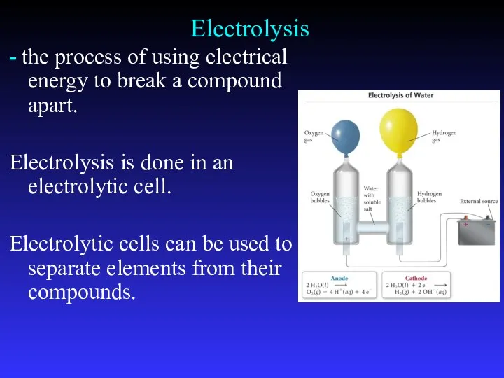 Electrolysis - the process of using electrical energy to break