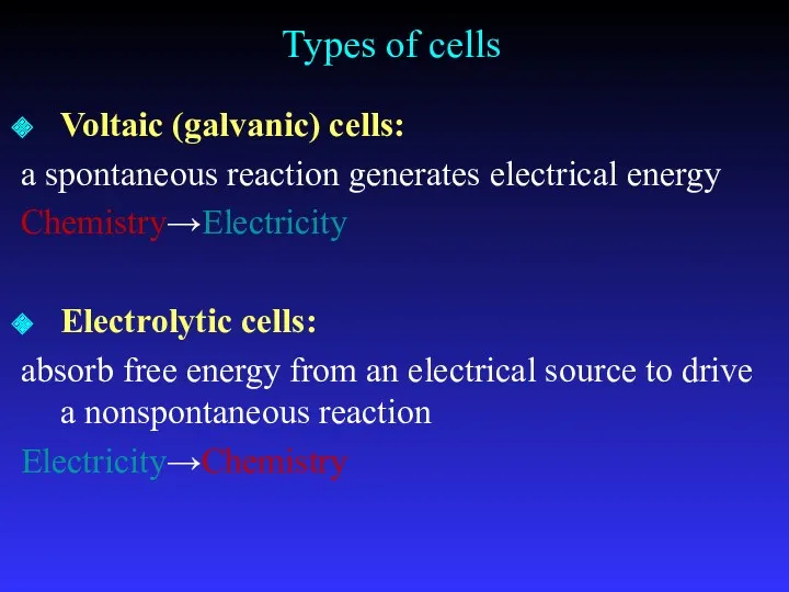 Types of cells Voltaic (galvanic) cells: a spontaneous reaction generates