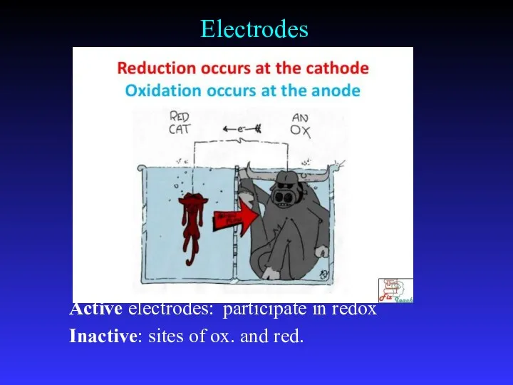 Electrodes Active electrodes: participate in redox Inactive: sites of ox. and red.