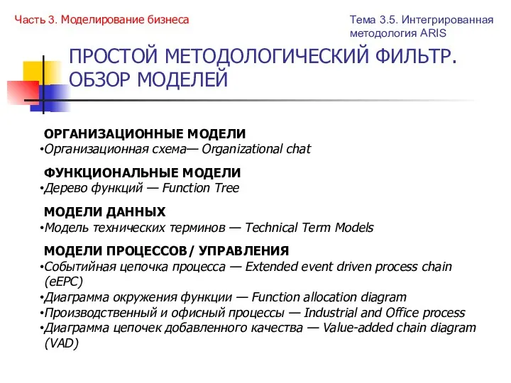 ПРОСТОЙ МЕТОДОЛОГИЧЕСКИЙ ФИЛЬТР. ОБЗОР МОДЕЛЕЙ ОРГАНИЗАЦИОННЫЕ МОДЕЛИ Организационная схема— Organizational