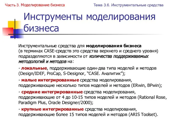 Инструменты моделирования бизнеса Тема 3.6. Инструментальные средства Часть 3. Моделирование