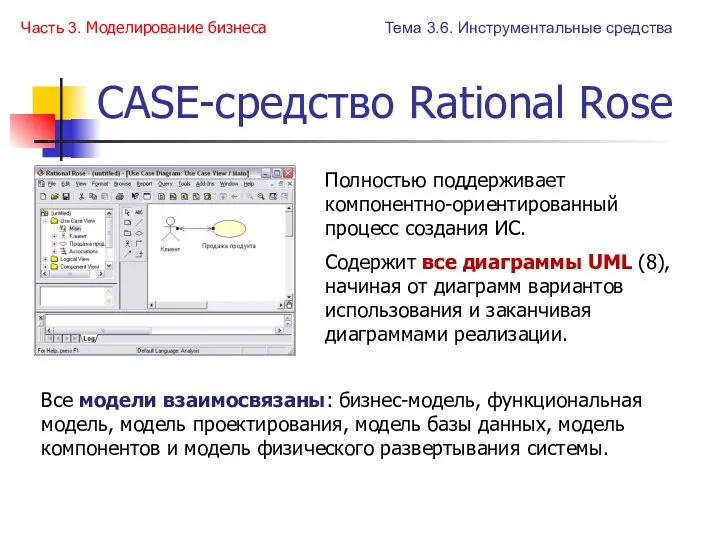CASE-средство Rational Rose Полностью поддерживает компонентно-ориентированный процесс создания ИС. Содержит