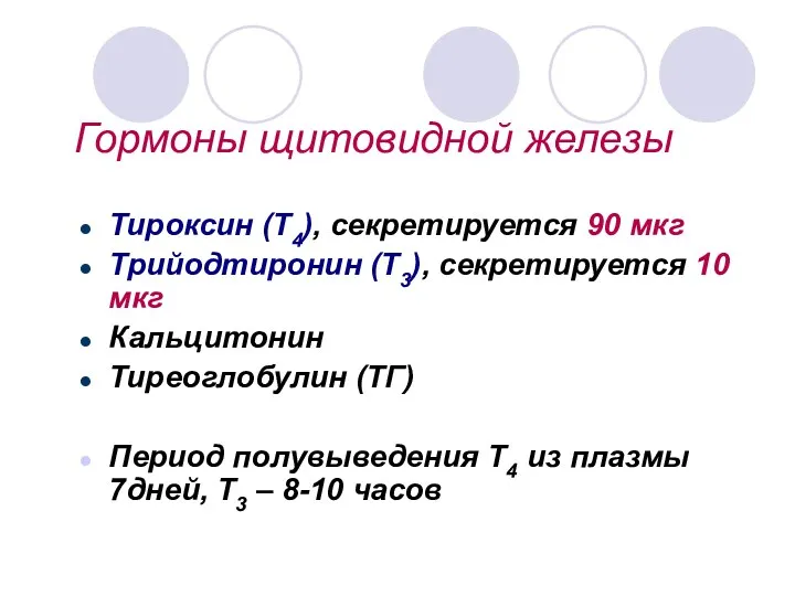 Гормоны щитовидной железы Тироксин (Т4), секретируется 90 мкг Трийодтиронин (Т3), секретируется 10 мкг