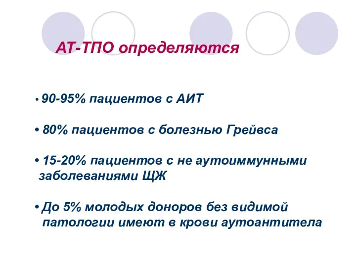 90-95% пациентов с АИТ 80% пациентов с болезнью Грейвса 15-20% пациентов с не