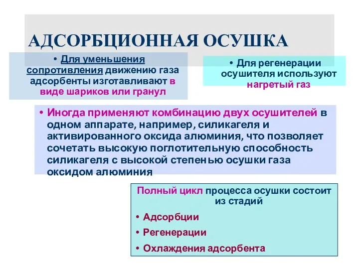 АДСОРБЦИОННАЯ ОСУШКА Для уменьшения сопротивления движению газа адсорбенты изготавливают в